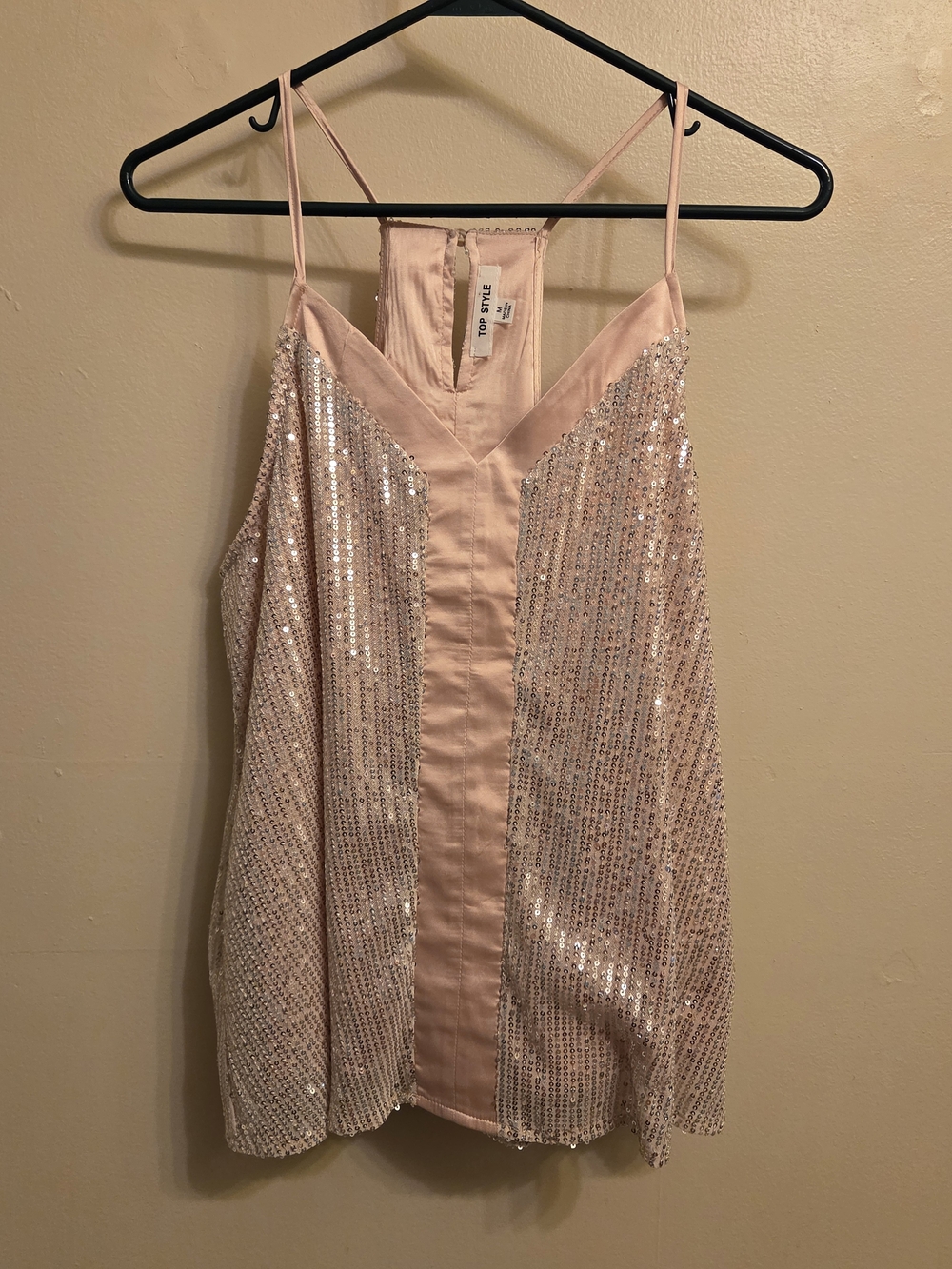 Sequin Y2K Festival Tank Top Blush Pink Shimmer Sparkly Disco Racerback Medium